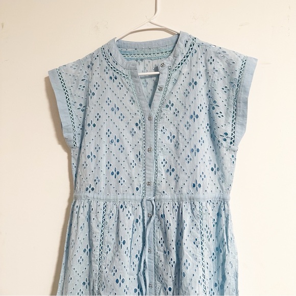 Sundance Astoria Eyelet Blue Buttoned Ruffled Cap Sleeve Tiered Midi Sun Dress - Picture 3 of 13
